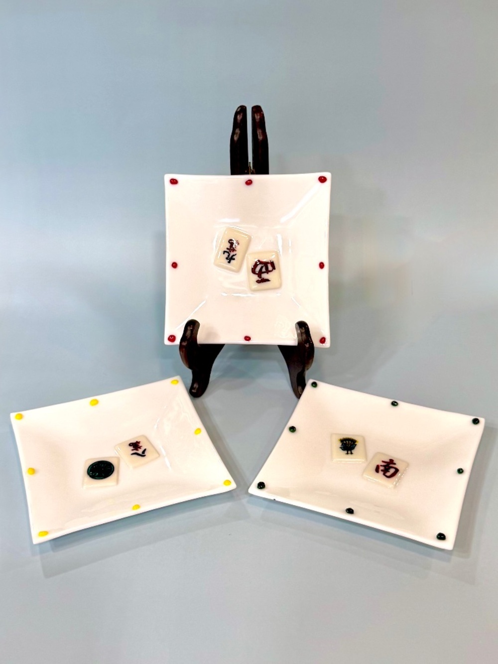 Handmade Fused Glass Mahjong Trinket Trays w/ fused-in miniature Mahjong tiles